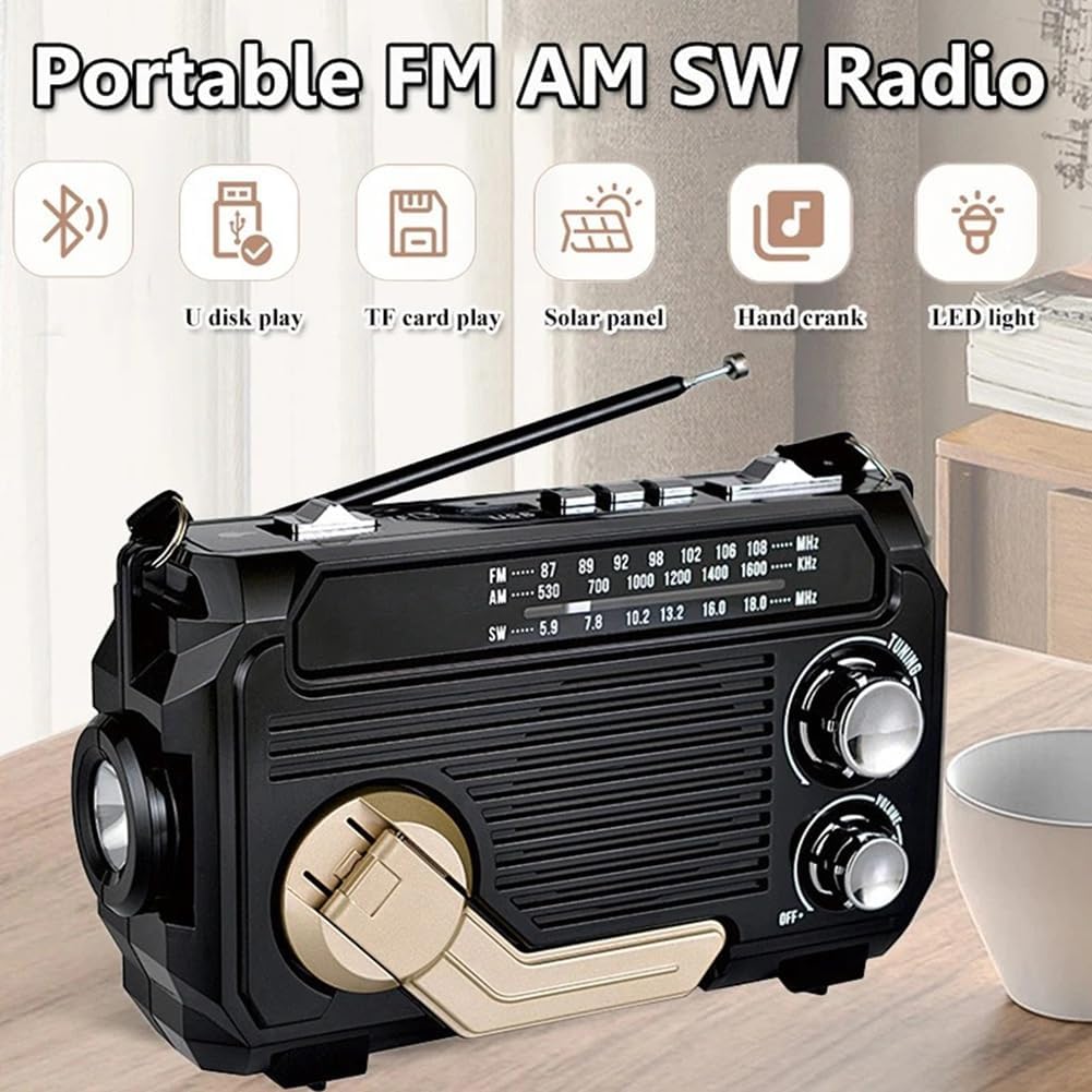 Radio de emergencia con batería externa integrada: manivela, carga solar y USB, AM/FM, linterna LED y alarma SOS