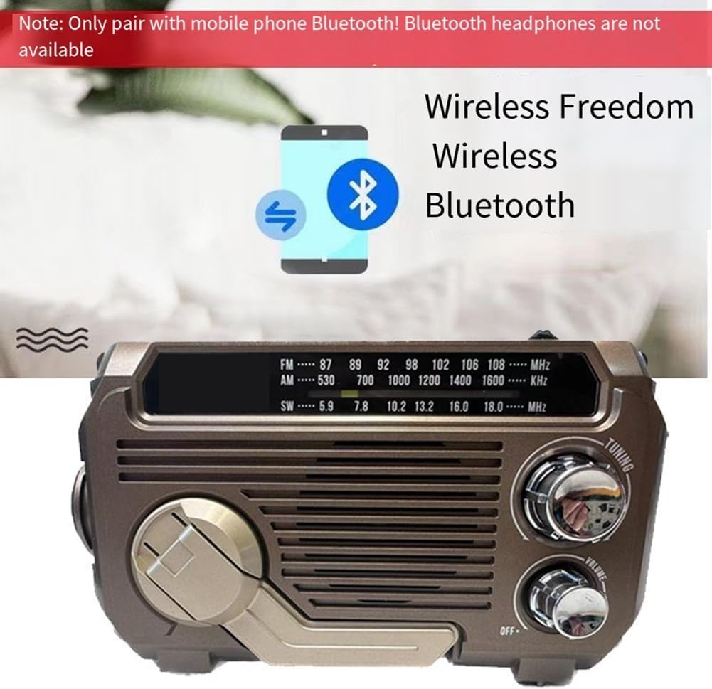 Radio de emergencia con batería externa integrada: manivela, carga solar y USB, AM/FM, linterna LED y alarma SOS