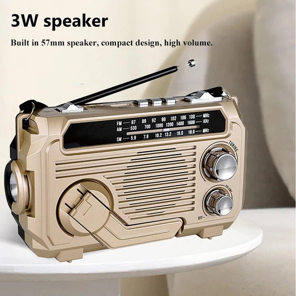 Radio de emergencia con batería externa integrada: manivela, carga solar y USB, AM/FM, linterna LED y alarma SOS