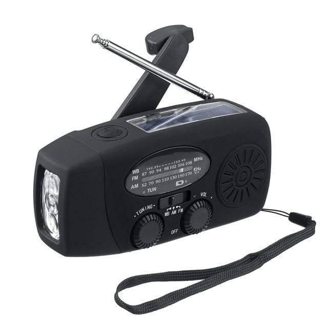 Radio de emergencia con manivela, linterna y batería externa