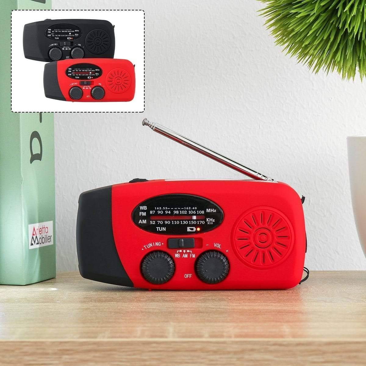 Radio de emergencia con manivela, linterna y batería externa