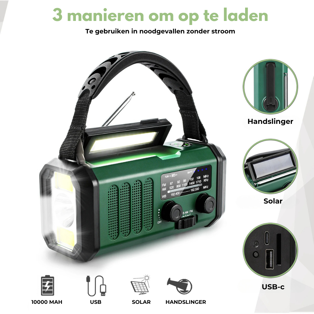 Radio de emergencia profesional - Dinamo y solar - Potente y duradera