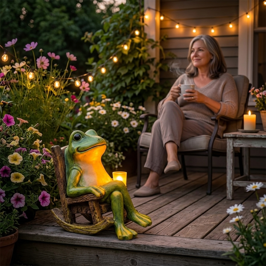 Rana de jardín luminosa en mecedora