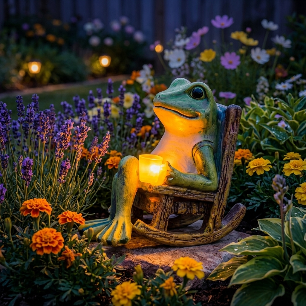 Rana de jardín luminosa en mecedora