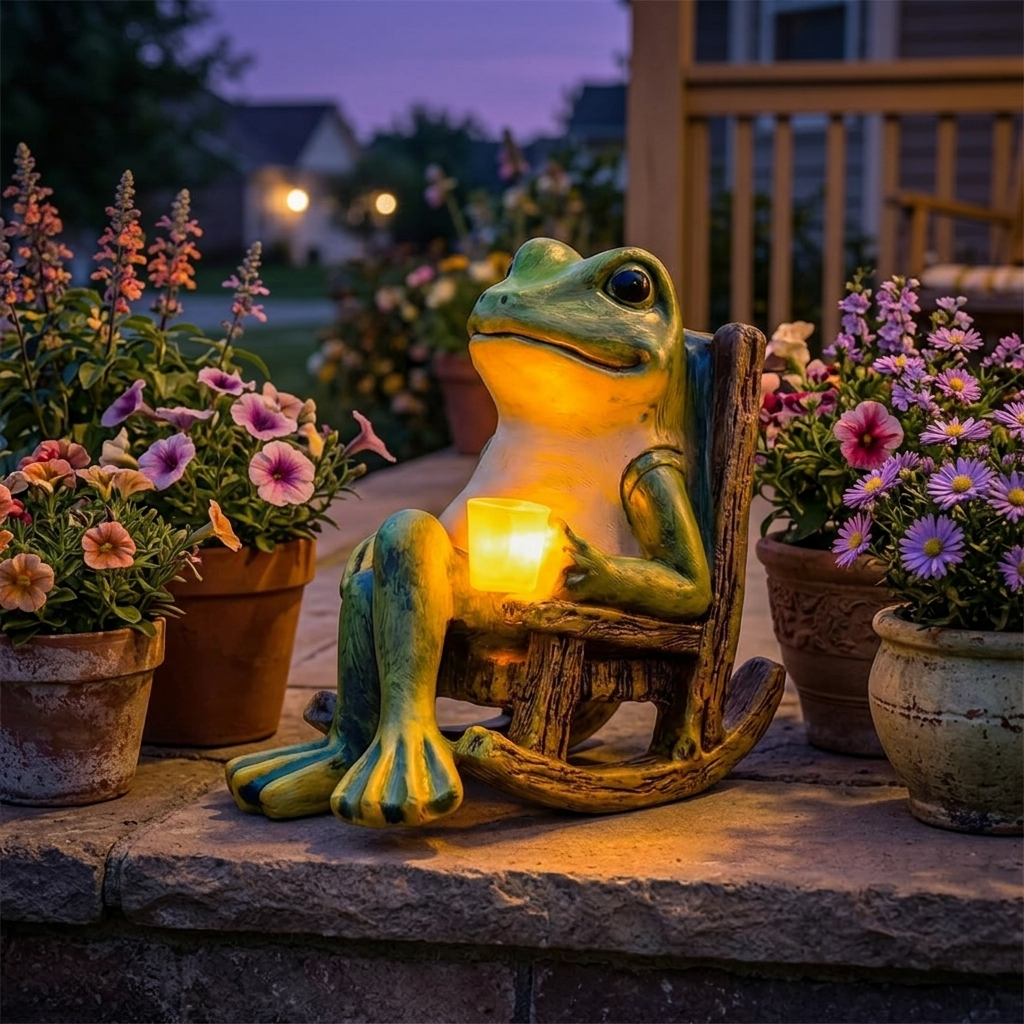 Rana de jardín luminosa en mecedora