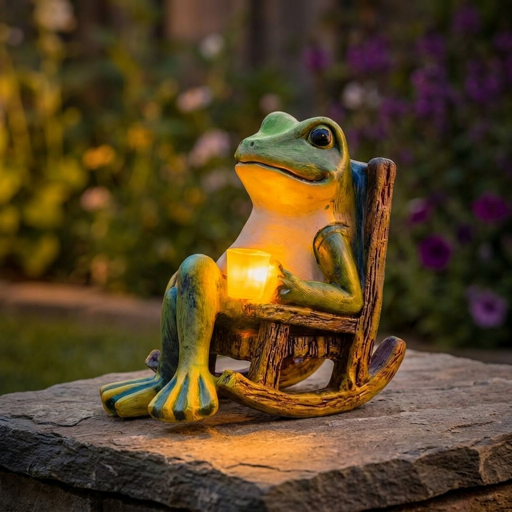 Rana de jardín luminosa en mecedora