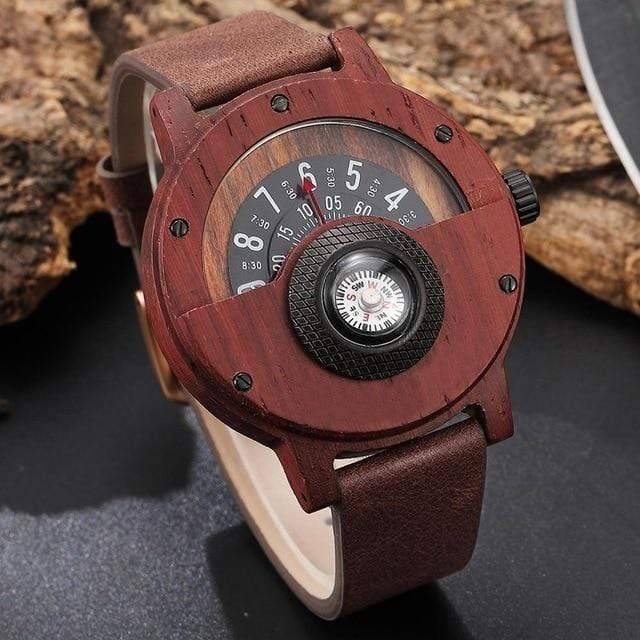 Reloj de madera original con esfera giratoria y brújula