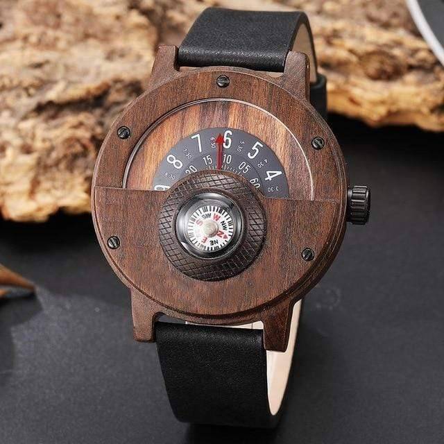 Reloj de madera original con esfera giratoria y brújula