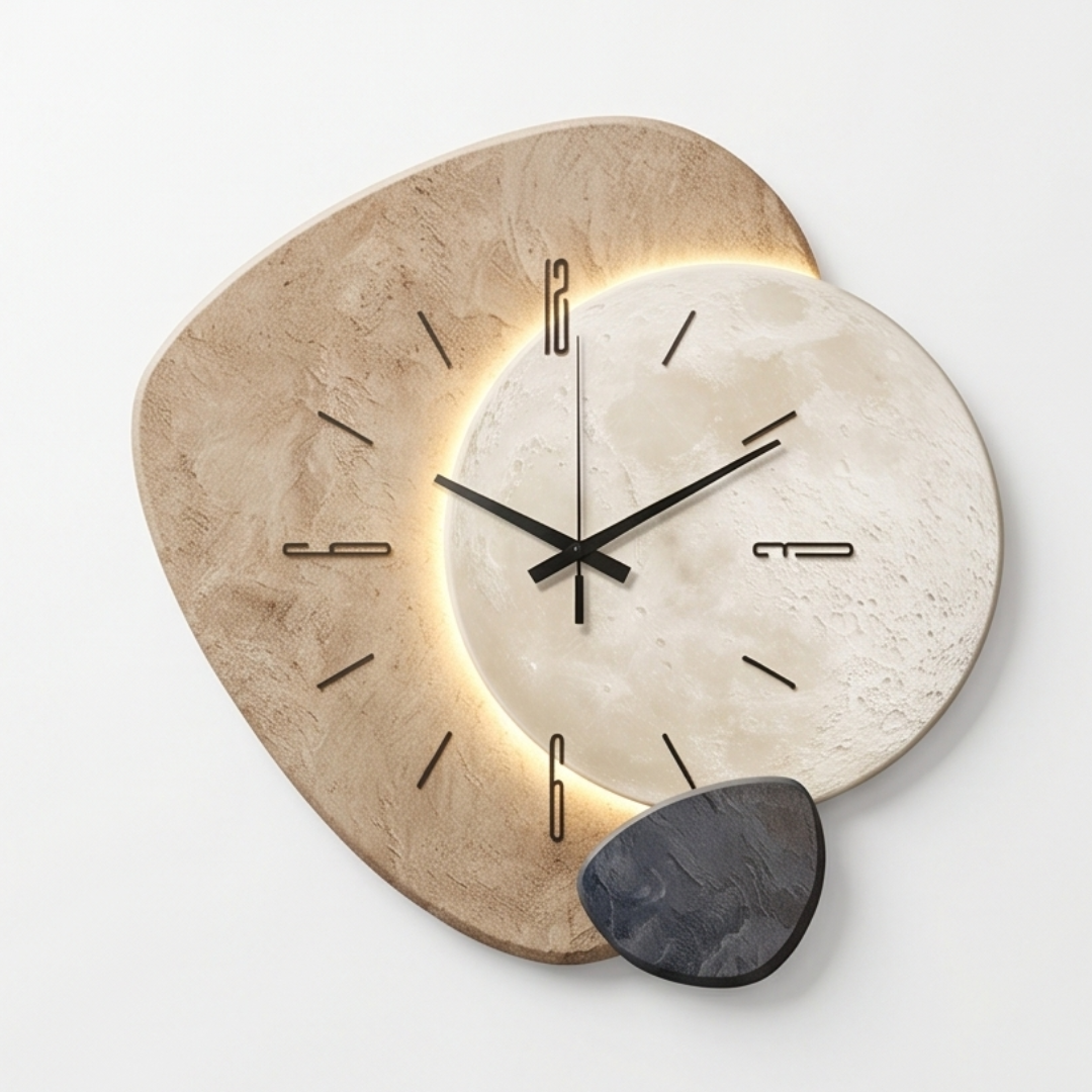 Reloj de pared con diseño lunar y retroiluminación cálida