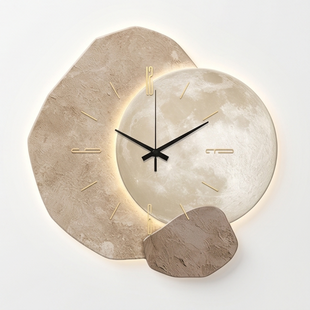 Reloj de pared con diseño lunar y retroiluminación cálida