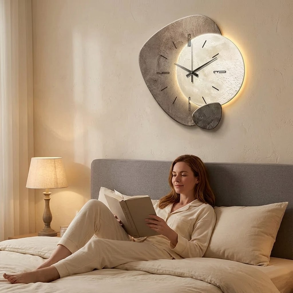 Reloj de pared con diseño lunar y retroiluminación cálida