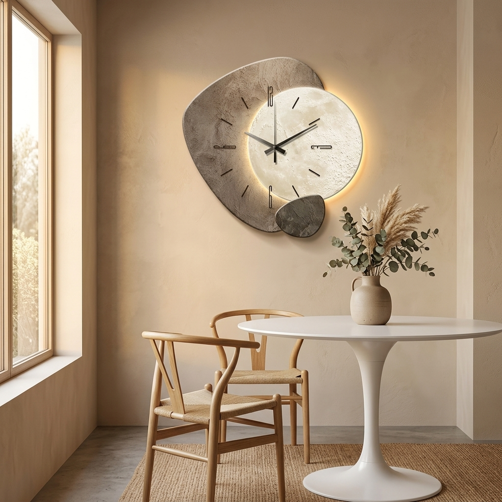 Reloj de pared con diseño lunar y retroiluminación cálida