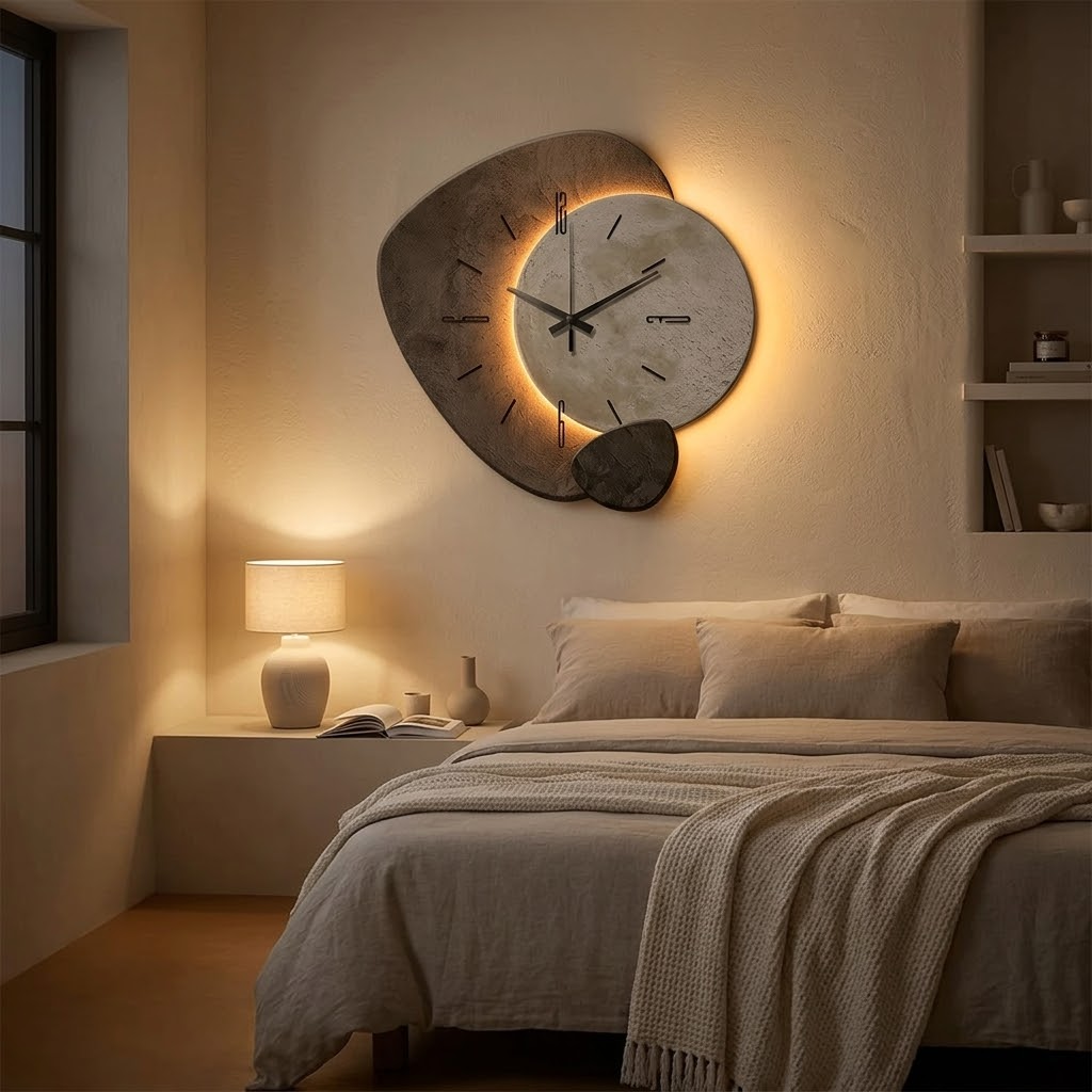 Reloj de pared con diseño lunar y retroiluminación cálida