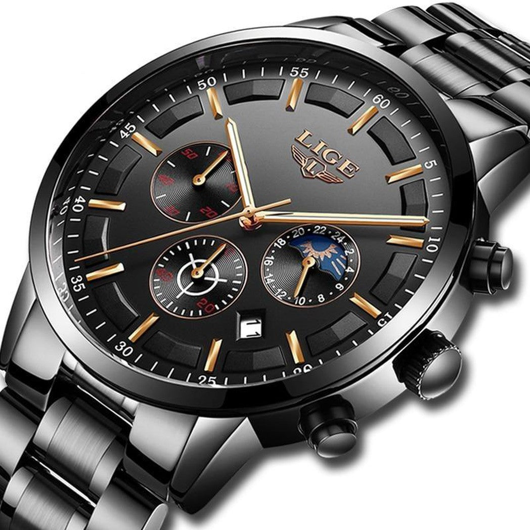 Reloj de pulsera militar negro con correa de acero