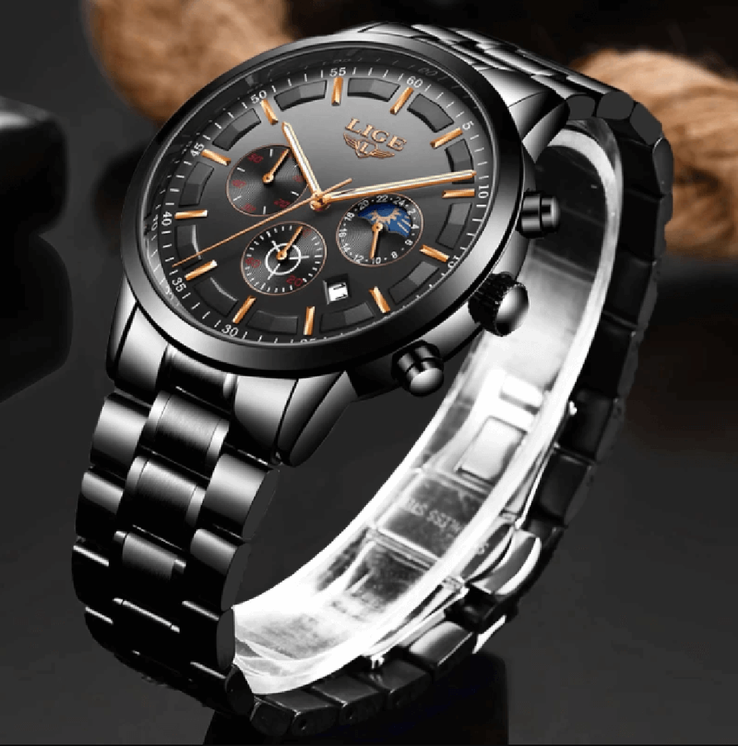 Reloj de pulsera militar negro con correa de acero