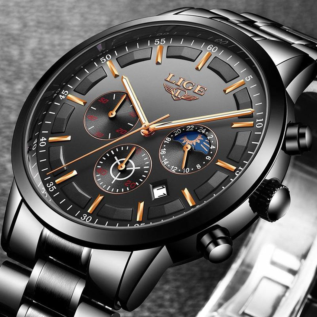Reloj de pulsera militar negro con correa de acero