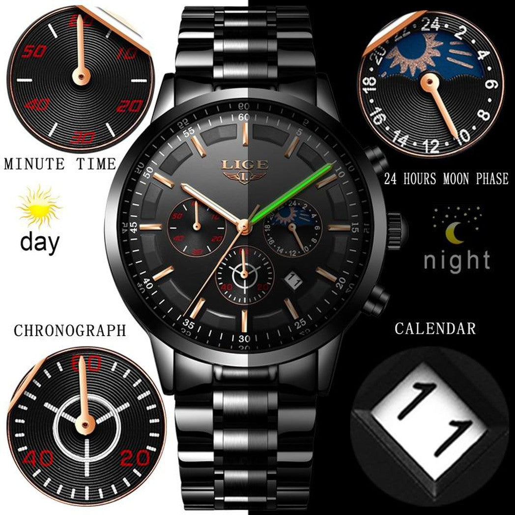 Reloj de pulsera militar negro con correa de acero