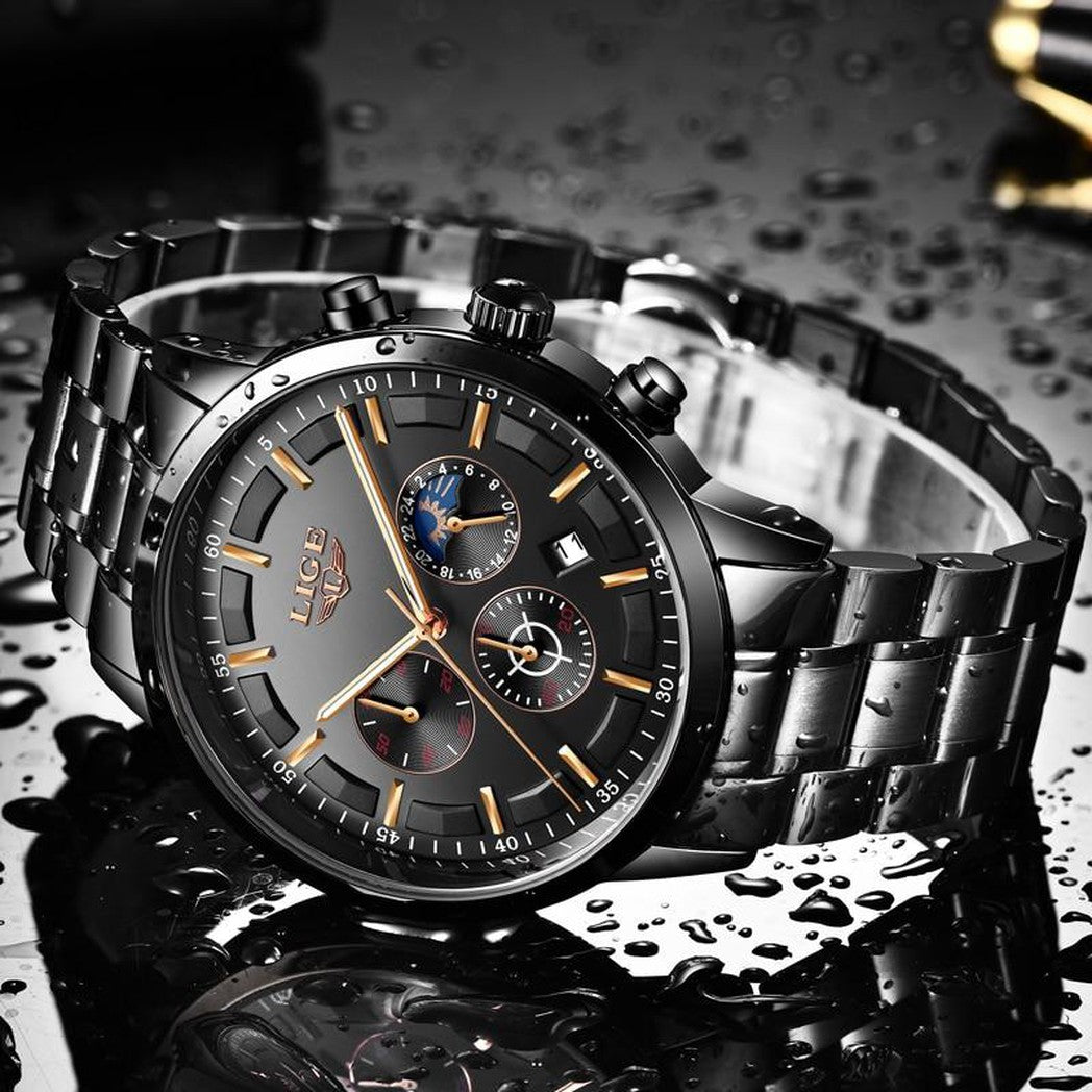 Reloj de pulsera militar negro con correa de acero