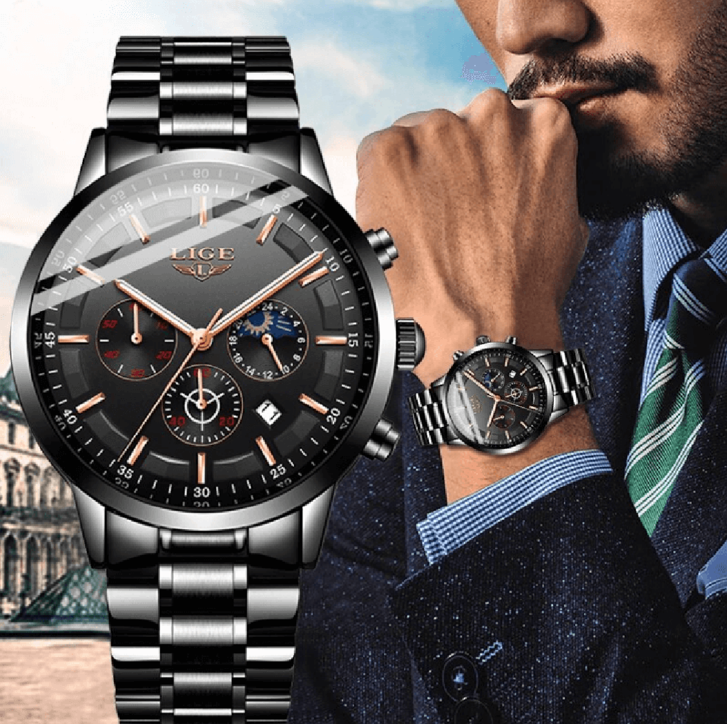 Reloj de pulsera militar negro con correa de acero
