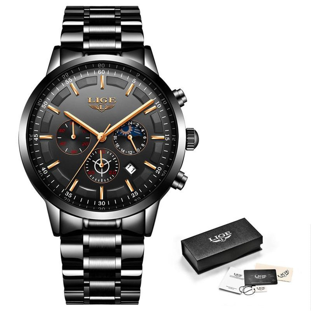 Reloj de pulsera militar negro con correa de acero