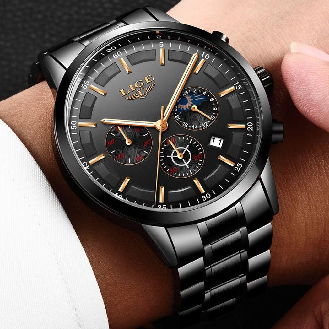 Reloj de pulsera militar negro con correa de acero