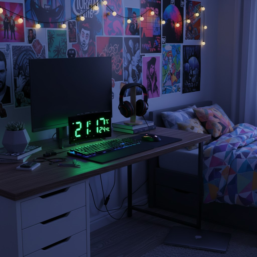 Reloj despertador digital LED con pantalla curva e iluminación automática
