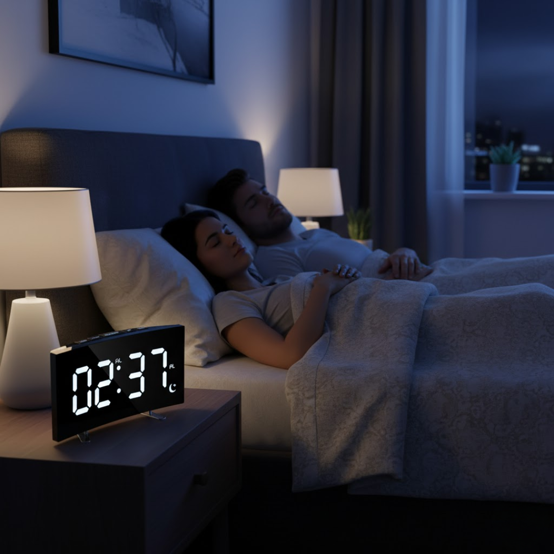 Reloj despertador digital LED con pantalla curva e iluminación automática
