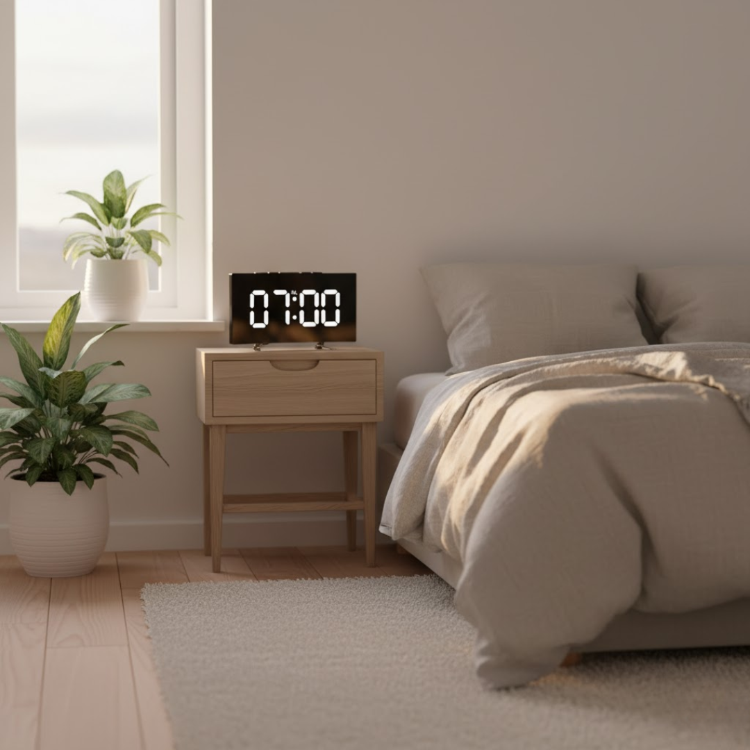 Reloj despertador digital LED con pantalla curva e iluminación automática