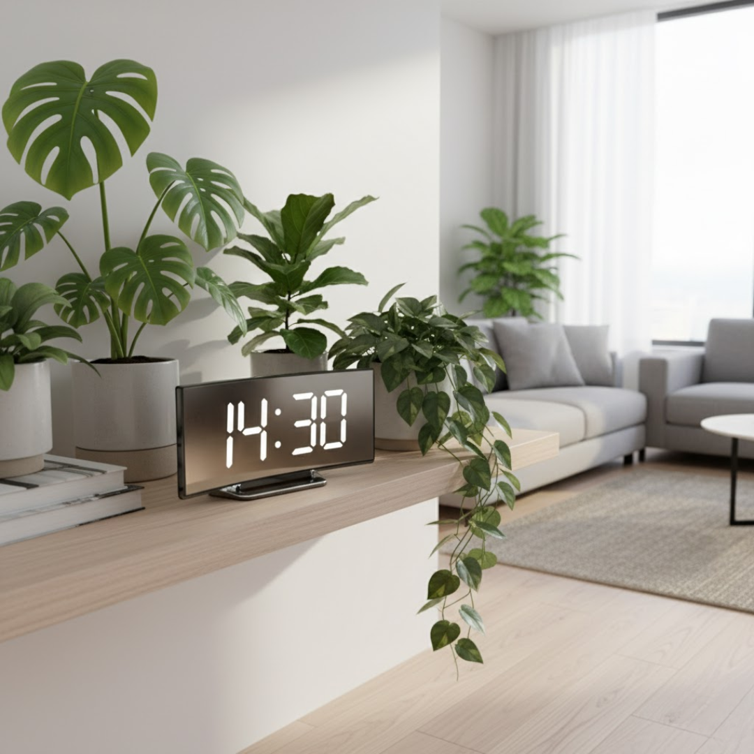 Reloj despertador digital LED con pantalla curva e iluminación automática