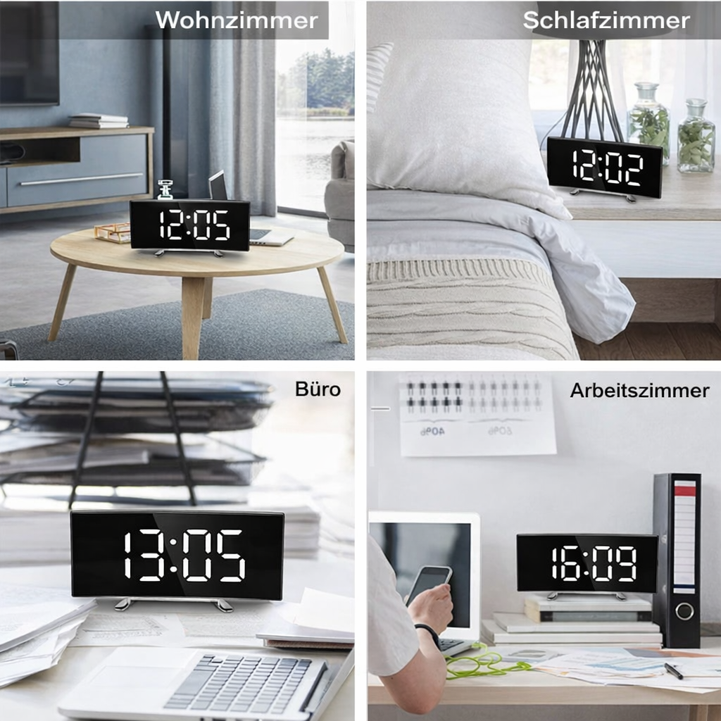 Reloj Despertador Digital LED de Espejo Curvo con Atenuación Automática y Sin Deslumbramientos