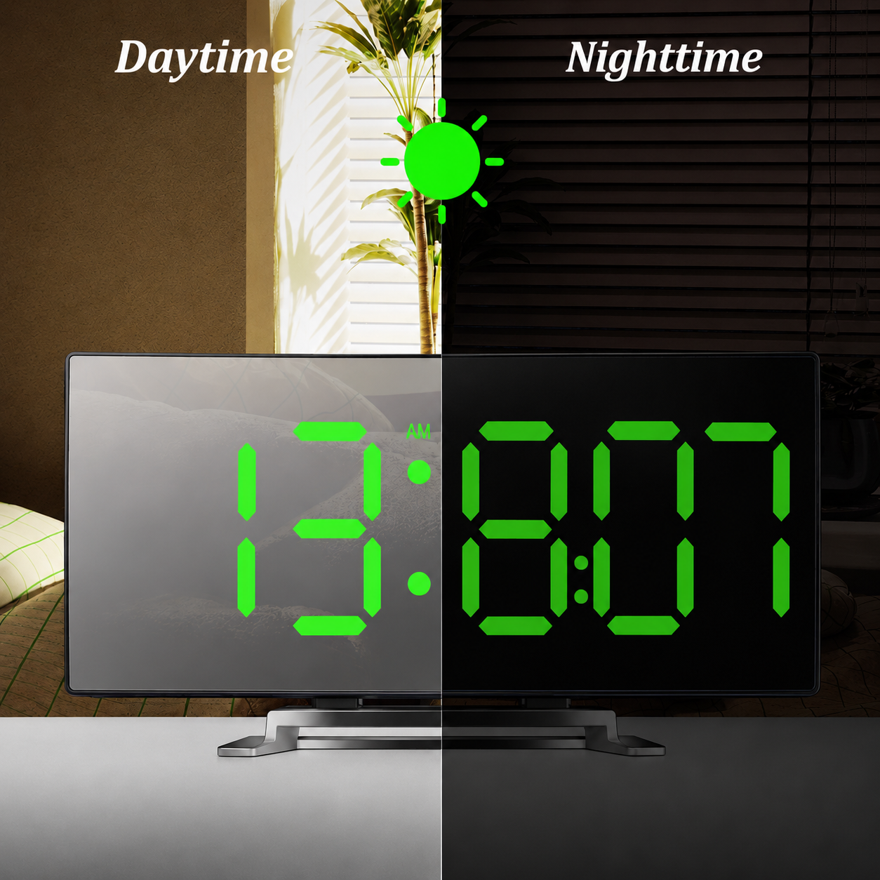 Reloj Despertador Digital LED de Espejo Curvo con Atenuación Automática y Sin Deslumbramientos