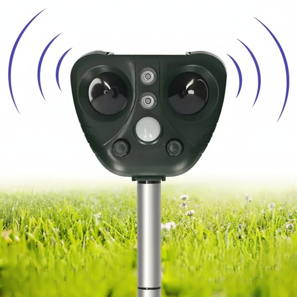 Repelente ultrasónico solar de animales para jardín con 5 modos y alcance de 9 metros, 13,5-45,5 kHz