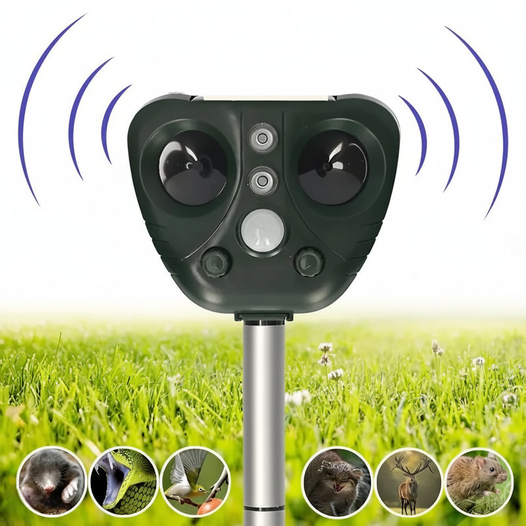 Repelente ultrasónico solar de animales para jardín con 5 modos y alcance de 9 metros, 13,5-45,5 kHz