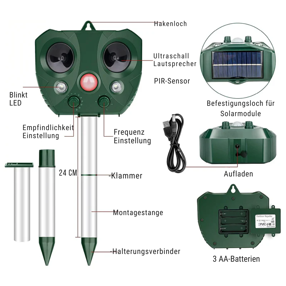 Repelente ultrasónico solar de animales para jardín con 5 modos y alcance de 9 metros, 13,5-45,5 kHz