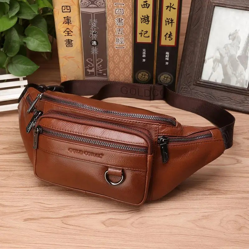 Riñonera de cuero de vaca genuino para hombre: riñonera espaciosa y bolso de viaje cruzado y para la cintura