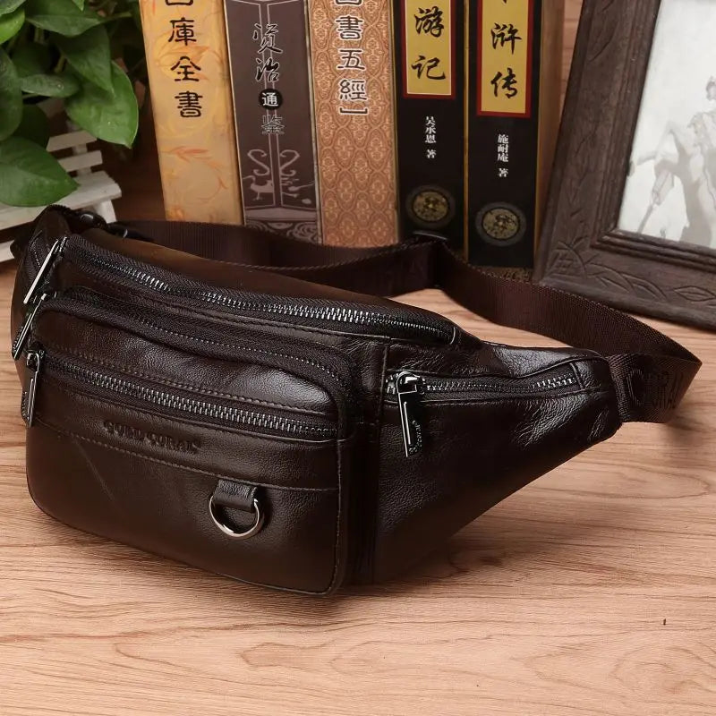 Riñonera de cuero de vaca genuino para hombre: riñonera espaciosa y bolso de viaje cruzado y para la cintura