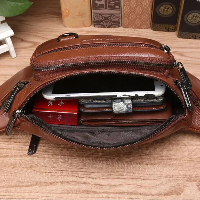 Riñonera de cuero de vaca genuino para hombre: riñonera espaciosa y bolso de viaje cruzado y para la cintura