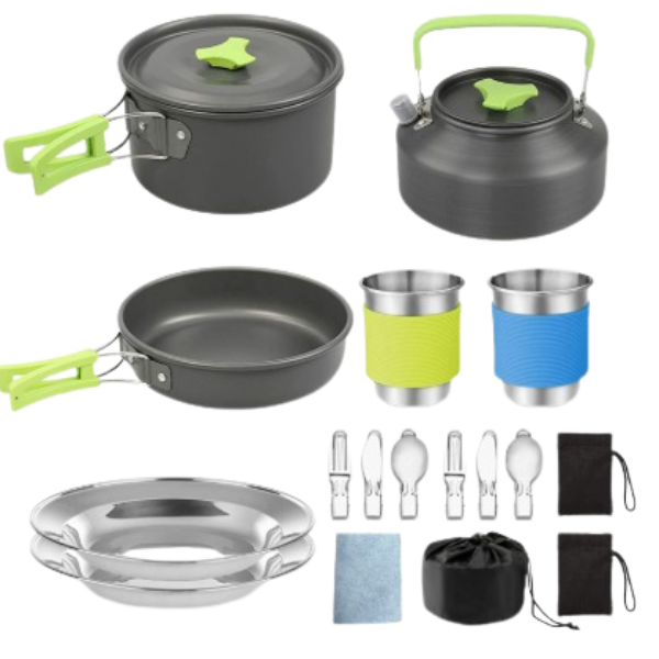 Set de cocina y vajilla de camping de 17 piezas