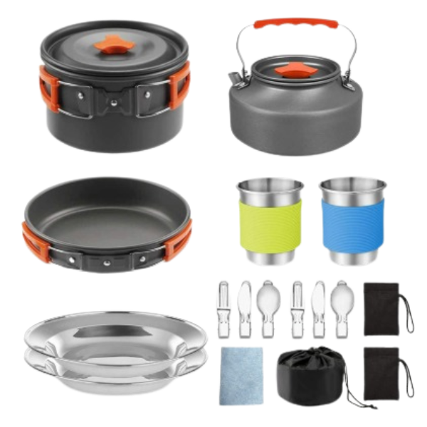 Set de cocina y vajilla de camping de 17 piezas