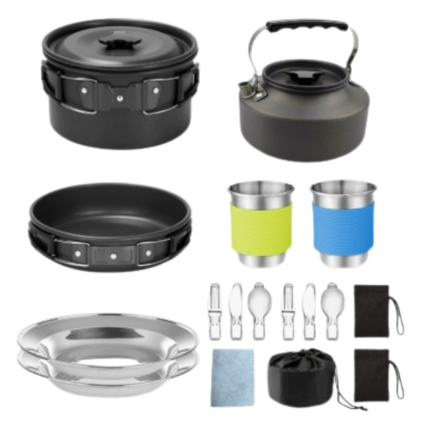 Set de cocina y vajilla de camping de 17 piezas