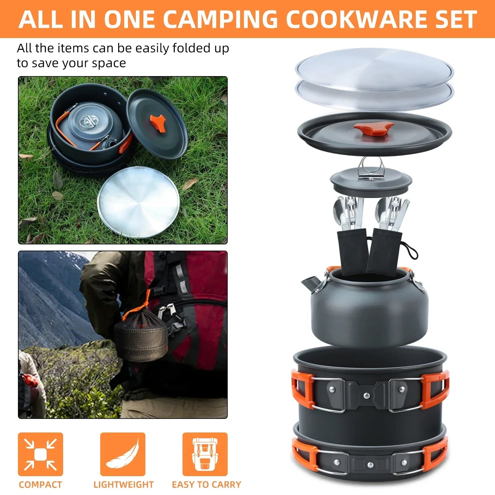 Set de cocina y vajilla de camping de 17 piezas