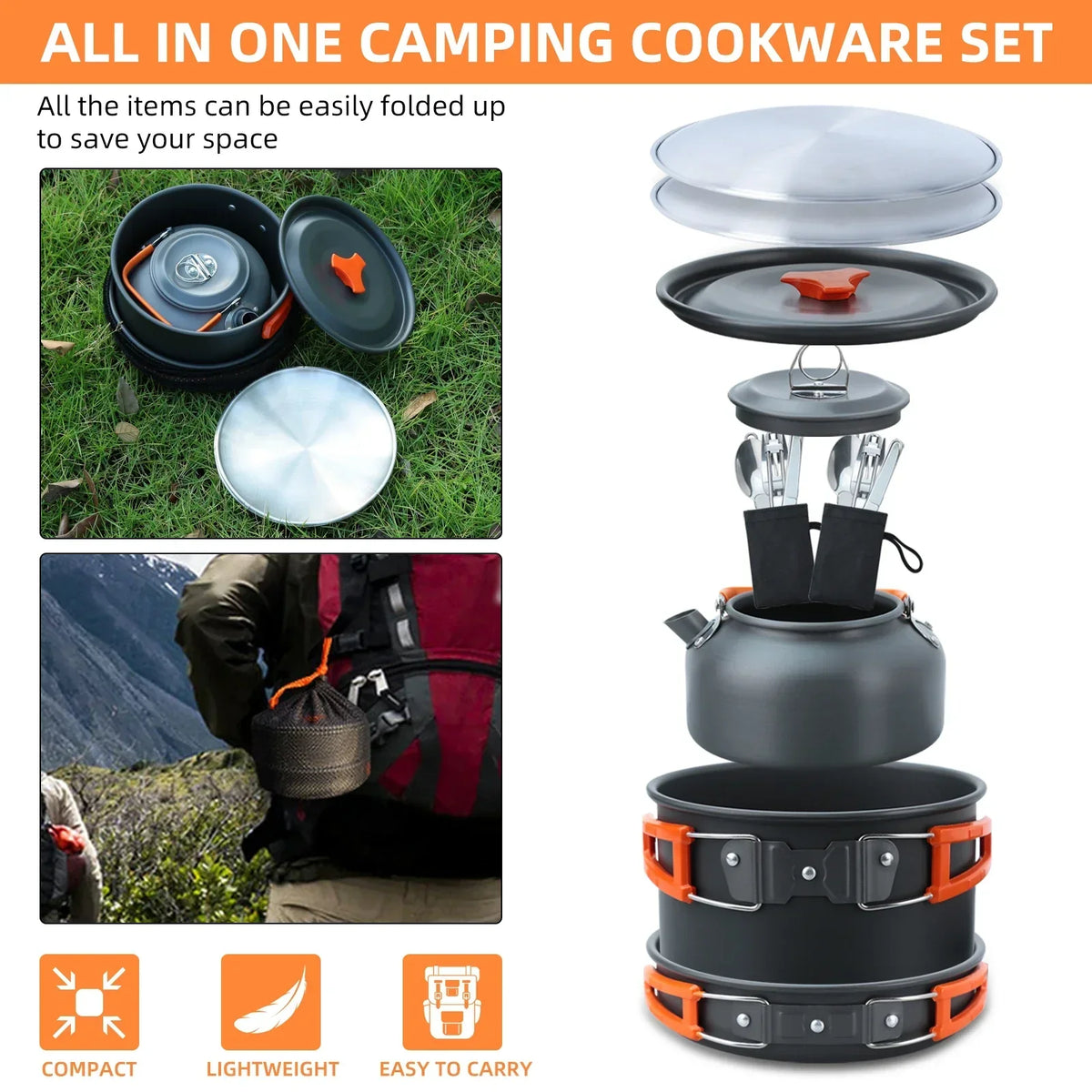 Set de cocina y vajilla de camping de 17 piezas