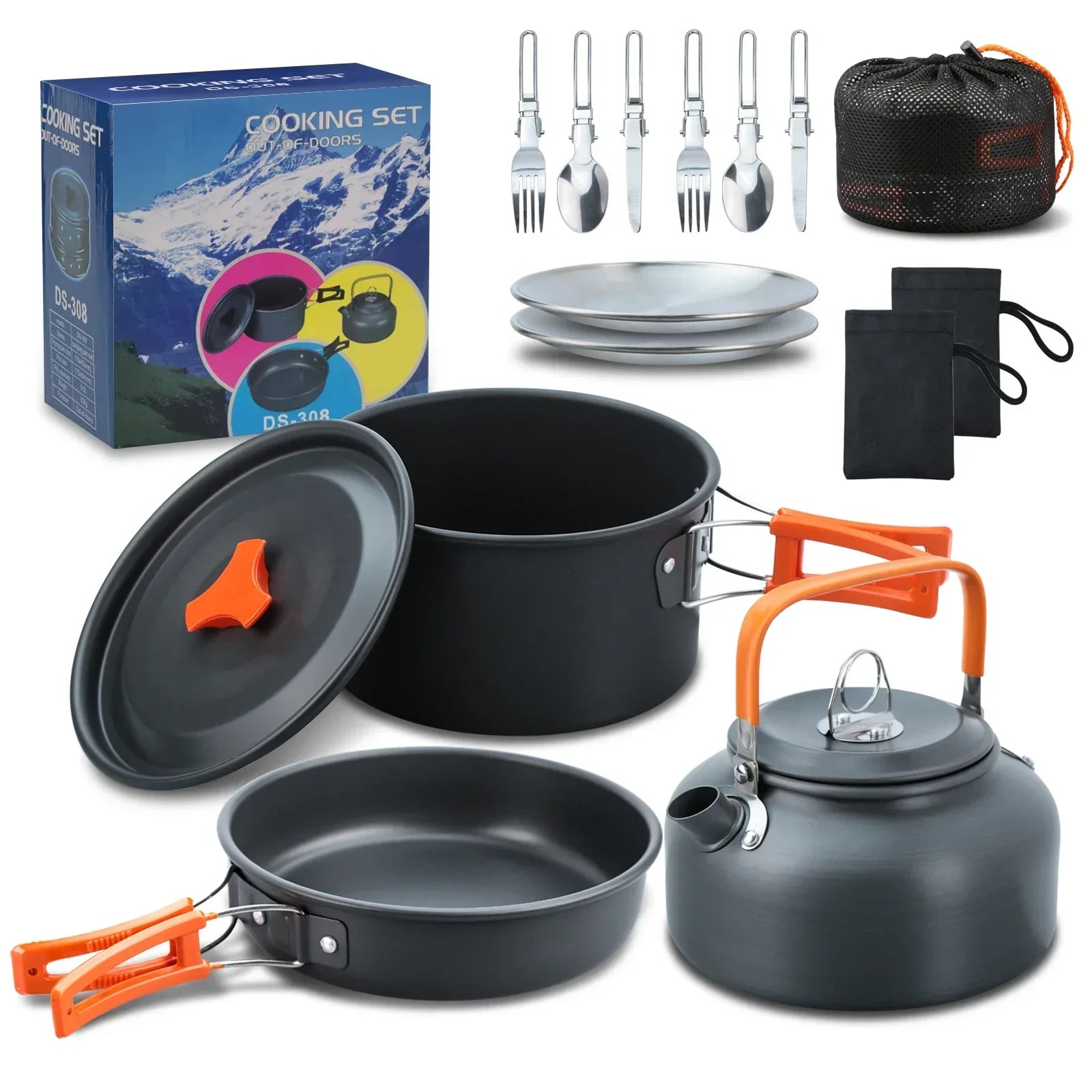 Set de cocina y vajilla de camping de 17 piezas