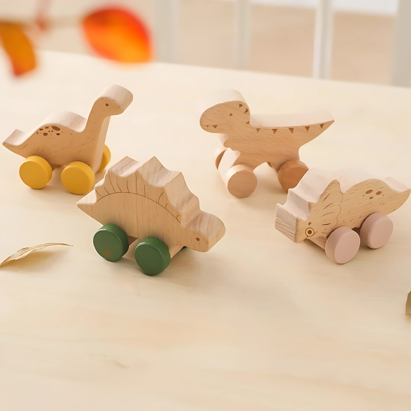 Set de juguetes de coches deslizantes de dinosaurio de madera para niños