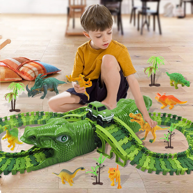 Set de juguetes de dinosaurios – Pista de carreras de aventuras 360° con luz y sonido
