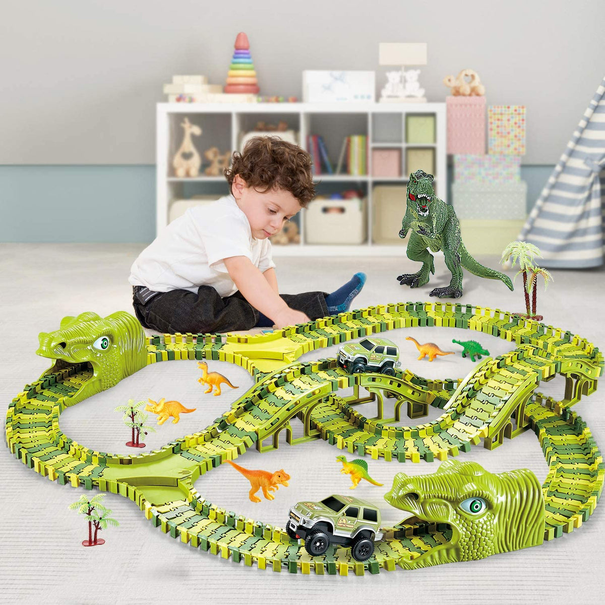 Set de juguetes de dinosaurios – Pista de carreras de aventuras 360° con luz y sonido