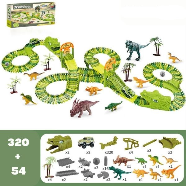 Set de juguetes de dinosaurios – Pista de carreras de aventuras 360° con luz y sonido