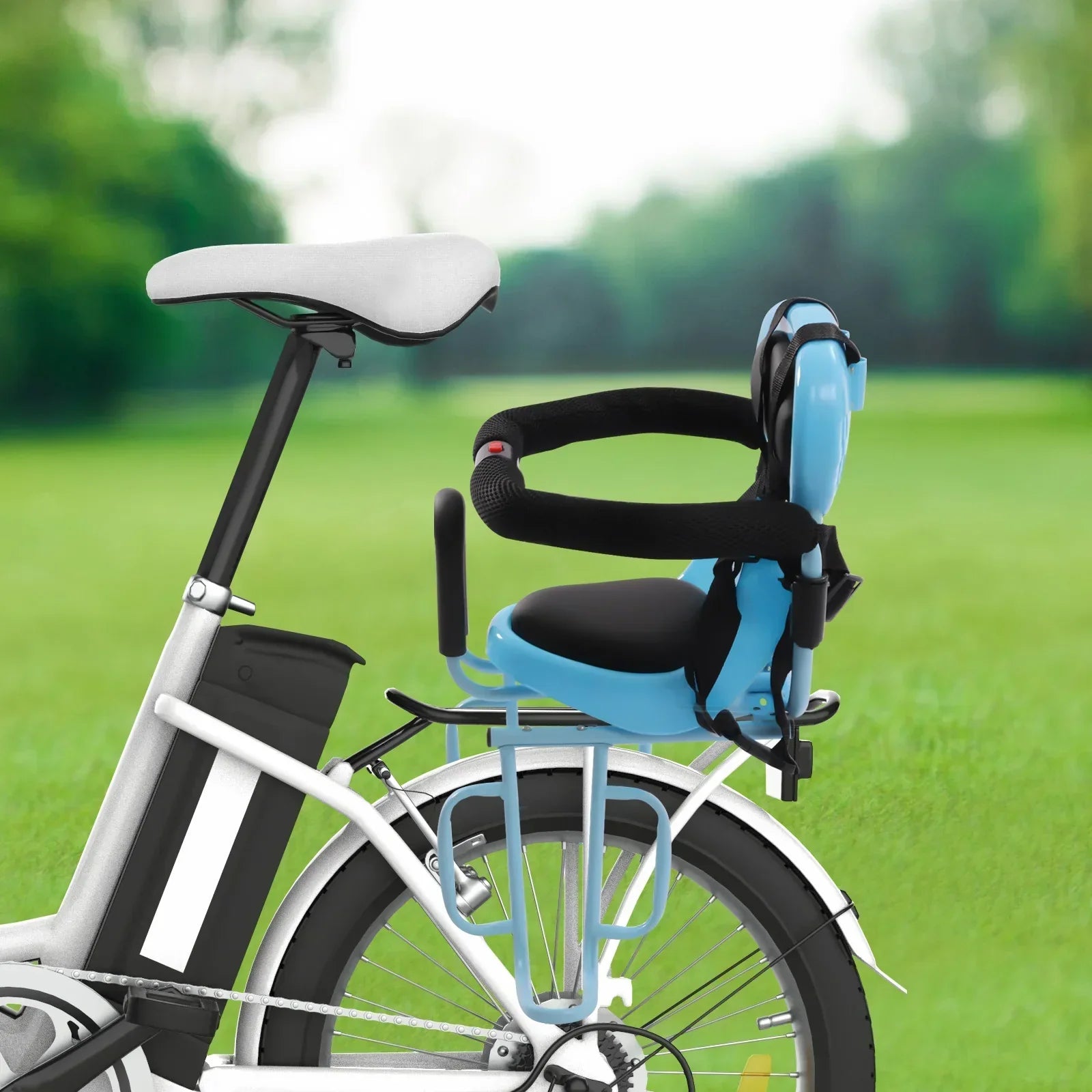 Silla de bicicleta infantil trasera con respaldo y reposapiés