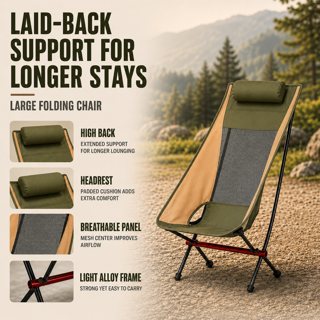 Silla plegable ultraligera con respaldo alto