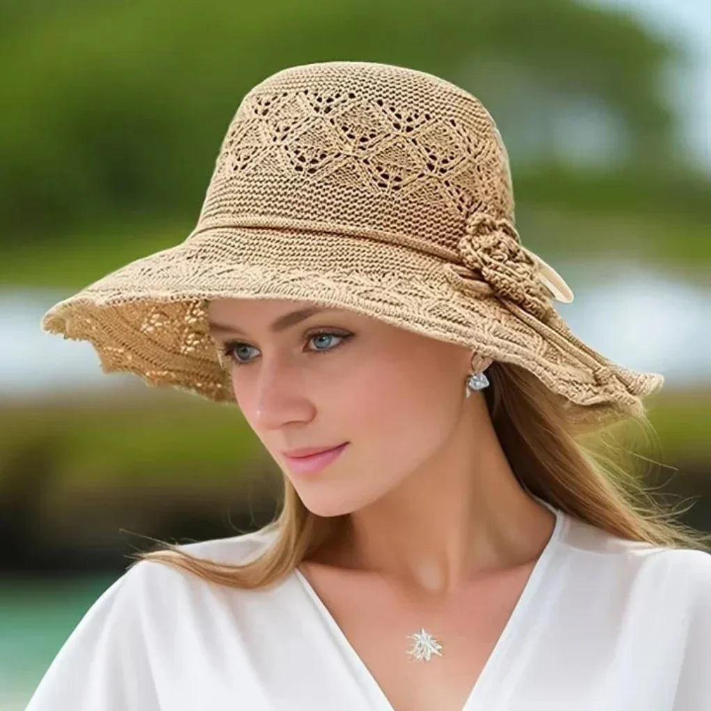 Sombrero para el sol para mujer de ala ancha con detalles de ganchillo